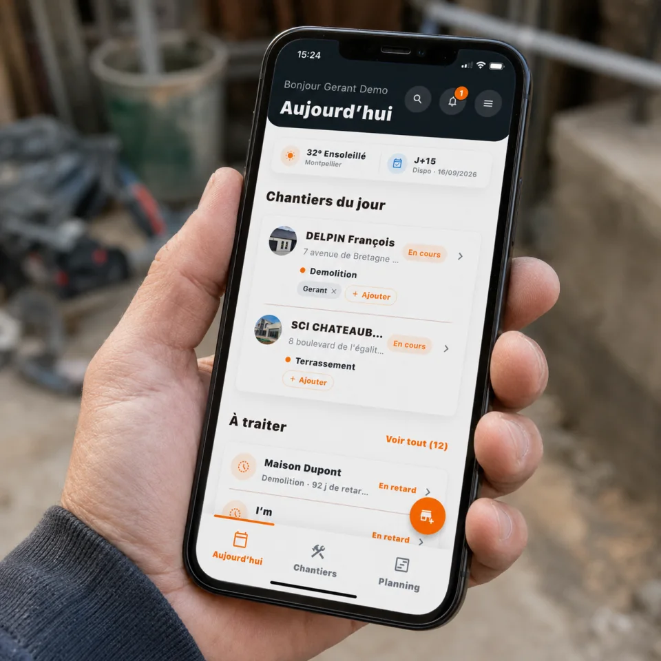 Un artisan consulte ses chantiers du jour dans l'application mobile BatiSnap sur le terrain