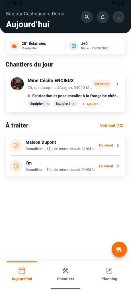 Écran d’accueil BatiSnap : chantiers du jour, météo et tâches à traiter