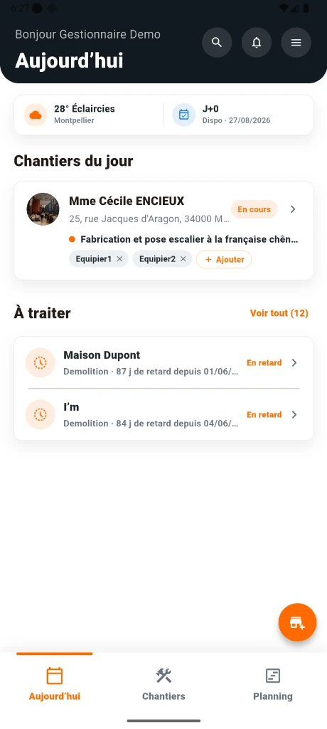 Écran d’accueil BatiSnap : chantiers du jour, météo et tâches à traiter